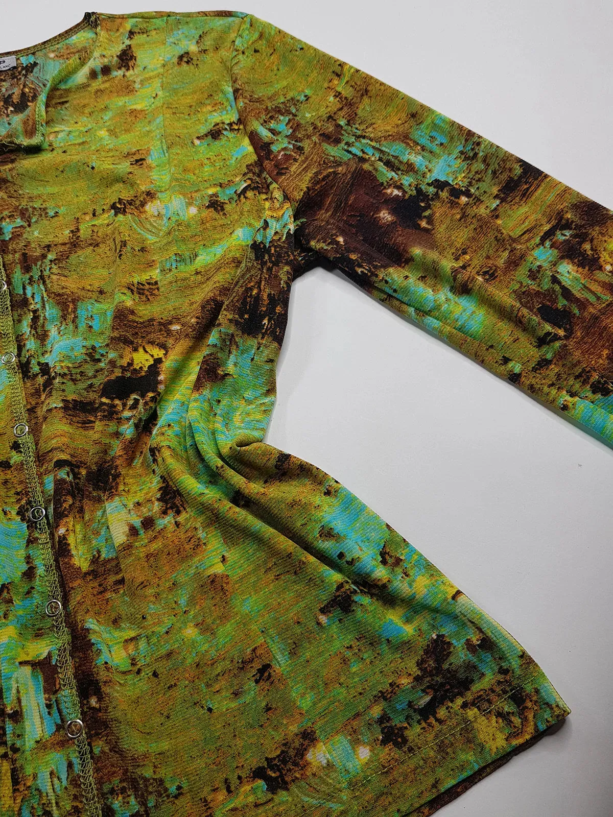 1990s Sexy Vintage Designer Collared Top - Button Feature Front - Tight & Form Fitting Stretch Fabric - Chartreuse & Blue