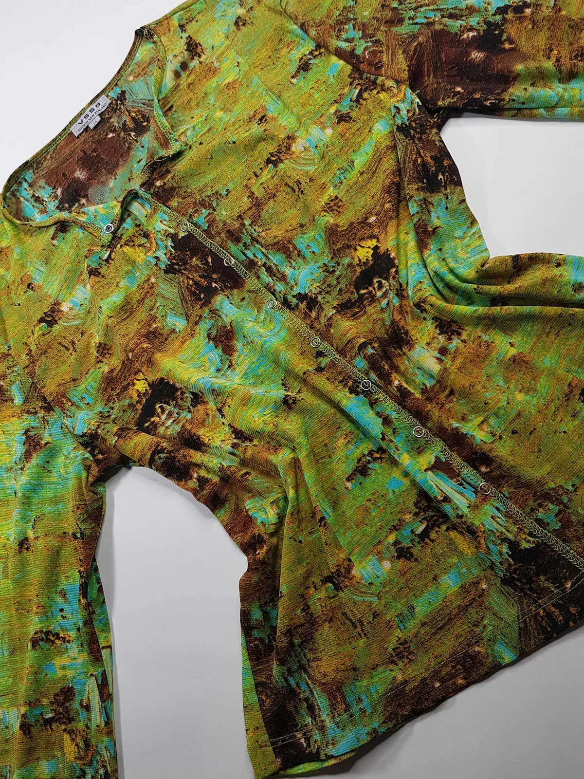1990s Sexy Vintage Designer Collared Top - Button Feature Front - Tight & Form Fitting Stretch Fabric - Chartreuse & Blue