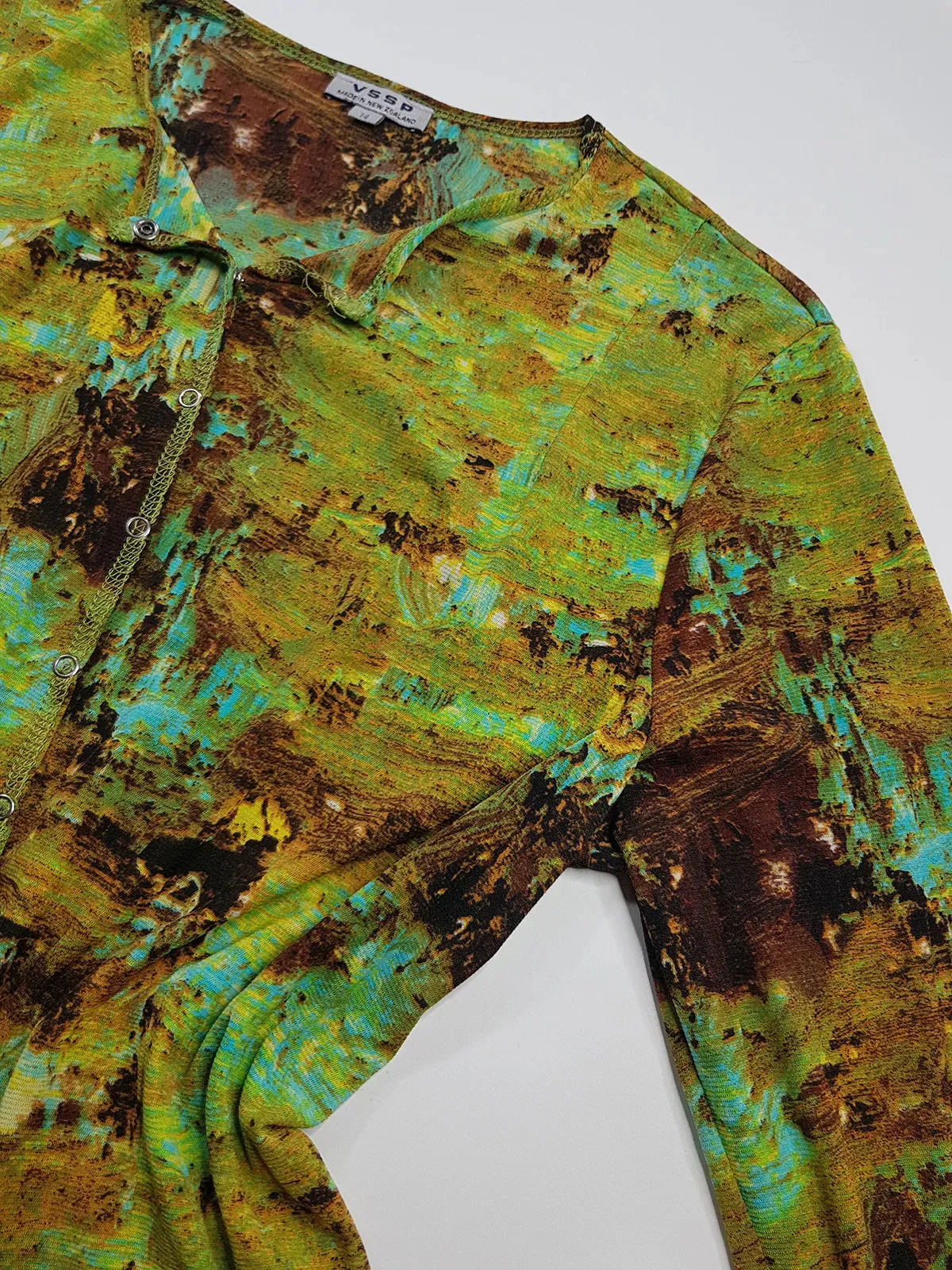 1990s Sexy Vintage Designer Collared Top - Button Feature Front - Tight & Form Fitting Stretch Fabric - Chartreuse & Blue