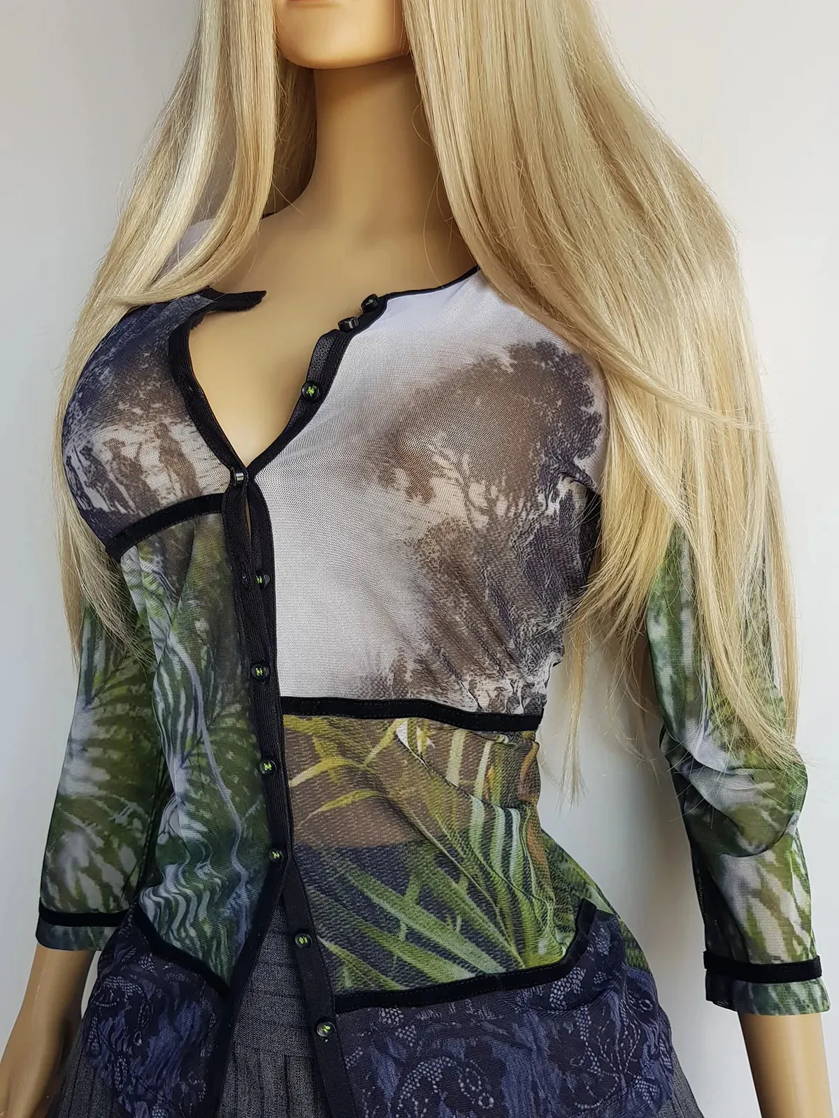 1990s Sexy Vintage Designer Woodland Fairy Top - Lace Panel - Button Feature Front - Tight & Form Fitting Stretch Fabric