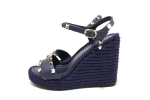 Authentic Valentino Blue Rockstud Espradrille Wedge Heel Sandal Shoes 37