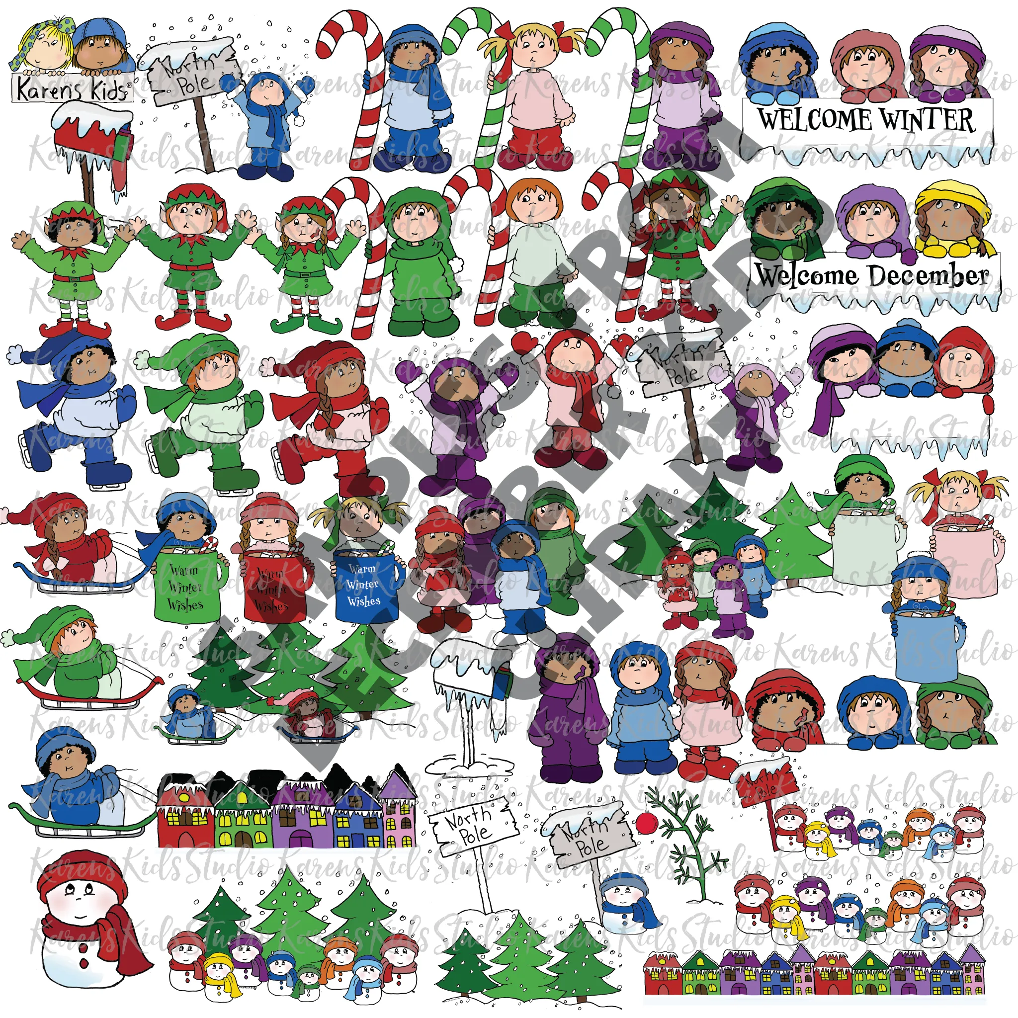 Christmas Winter Holiday Clipart Kids Candy Canes Elves Sledding (Karen's Kids Clipart)