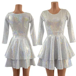 Double Ruffle Skater Dress with 3/4 Sleeves and Crew Neck