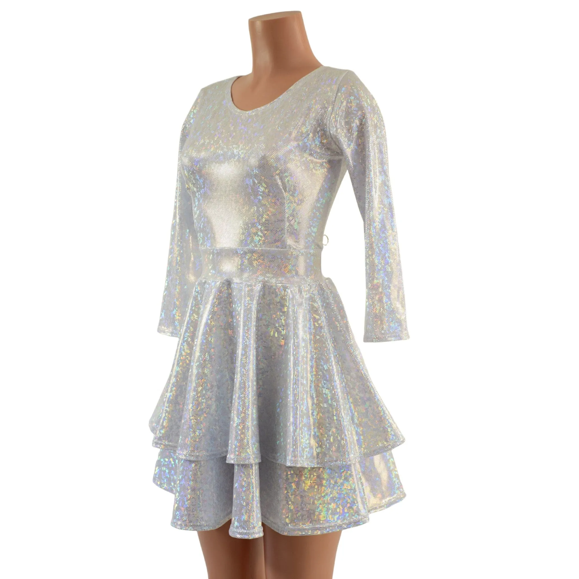 Double Ruffle Skater Dress with 3/4 Sleeves and Crew Neck