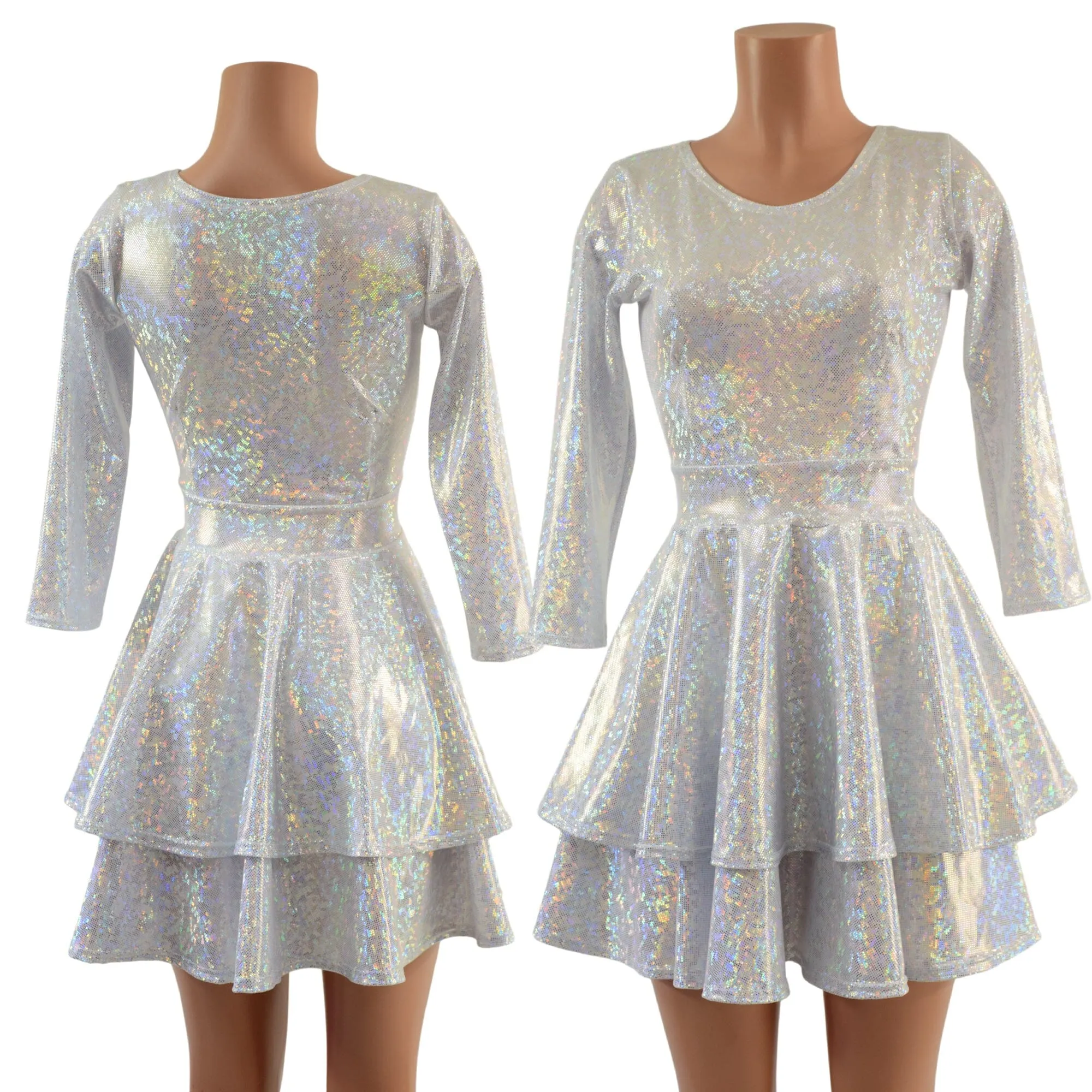 Double Ruffle Skater Dress with 3/4 Sleeves and Crew Neck