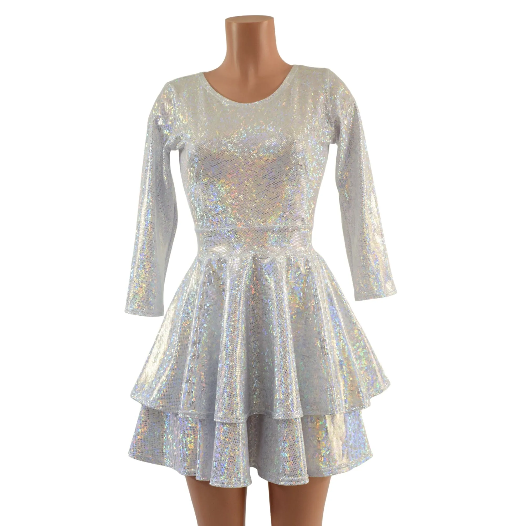 Double Ruffle Skater Dress with 3/4 Sleeves and Crew Neck