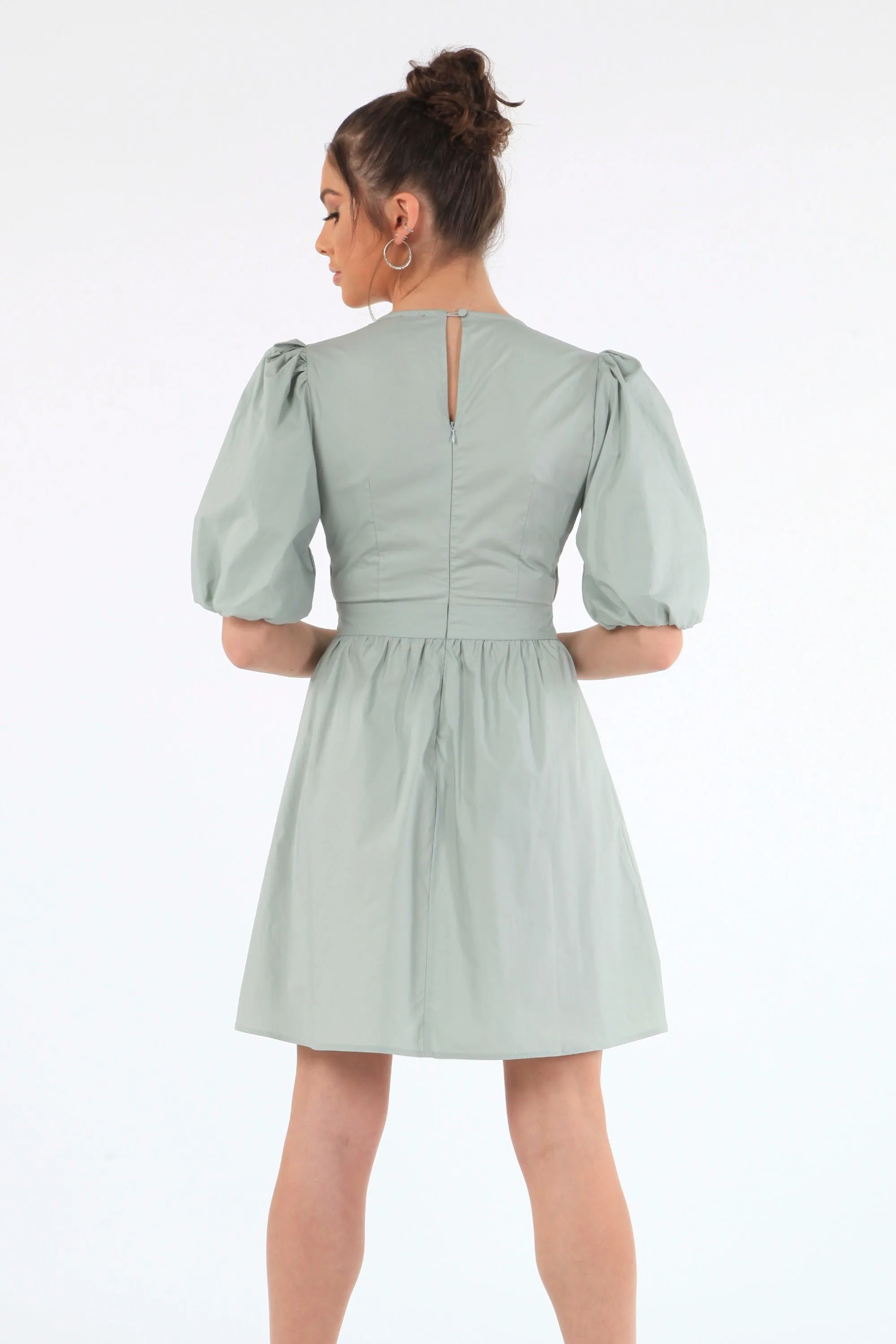 Double Second Sage Volume Sleeve Ruched Dress