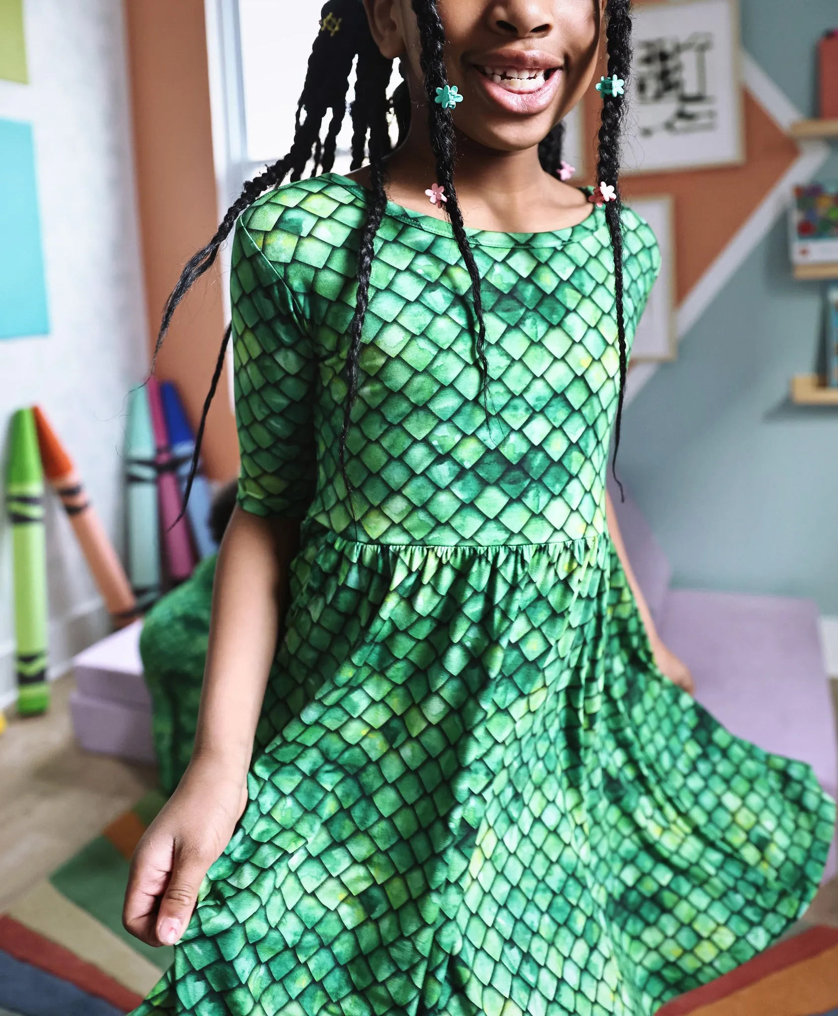 Dragon Scales Half Sleeve Skater Dress