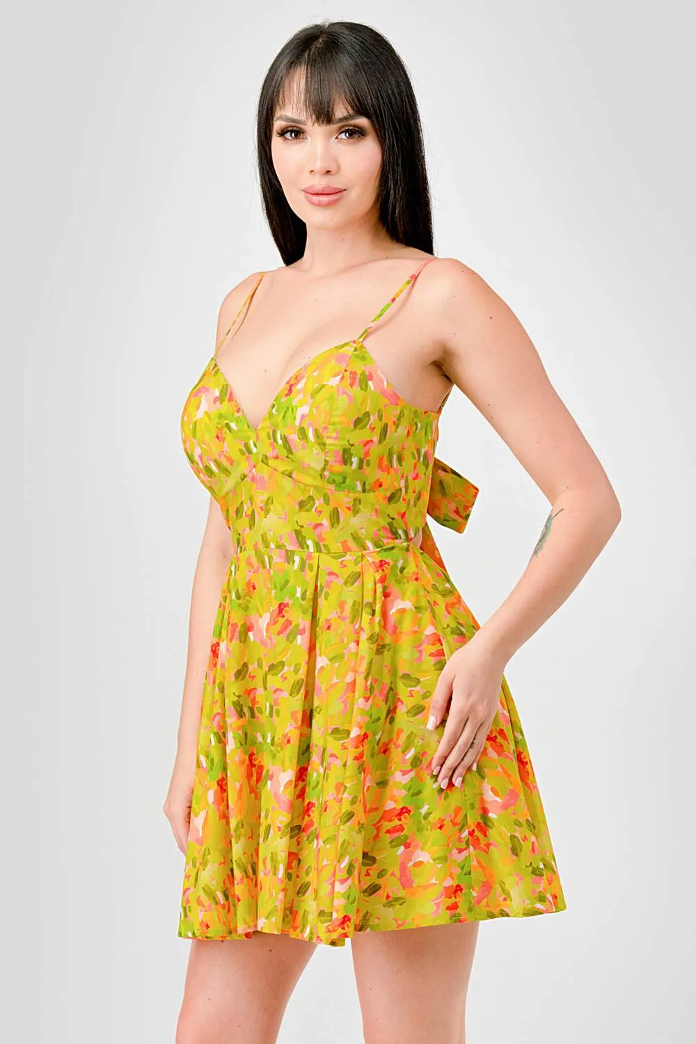 FLORAL LINEN PRINT SKATER BACK BOW TIE MINI DRESS