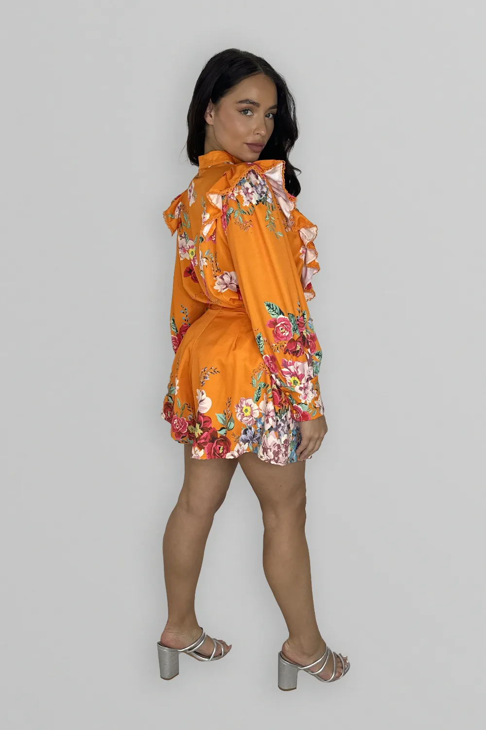 Floral Print Long Sleeve Blouse And Skater Shorts Co-ord Set