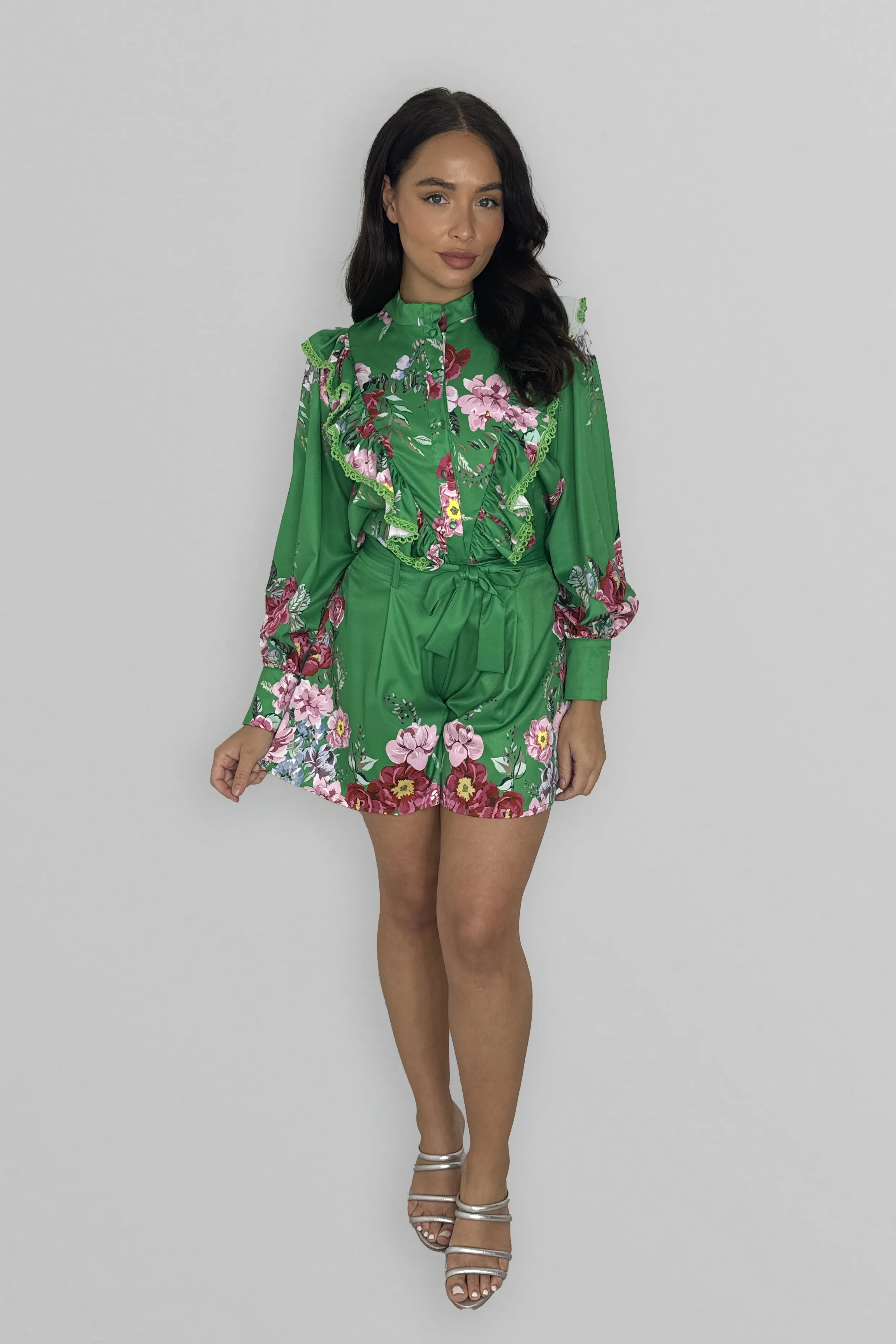 Floral Print Long Sleeve Blouse And Skater Shorts Co-ord Set