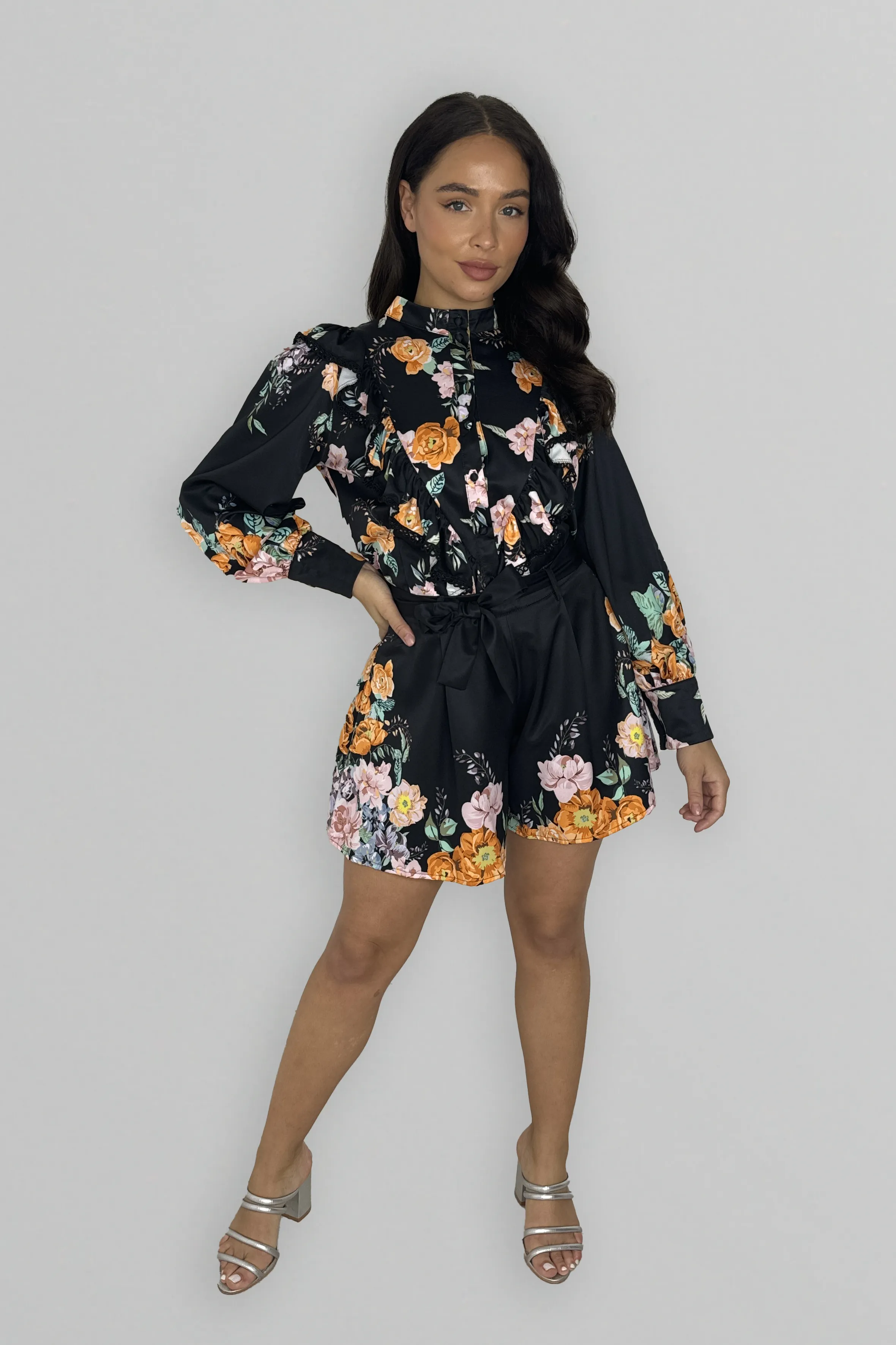 Floral Print Long Sleeve Blouse And Skater Shorts Co-ord Set