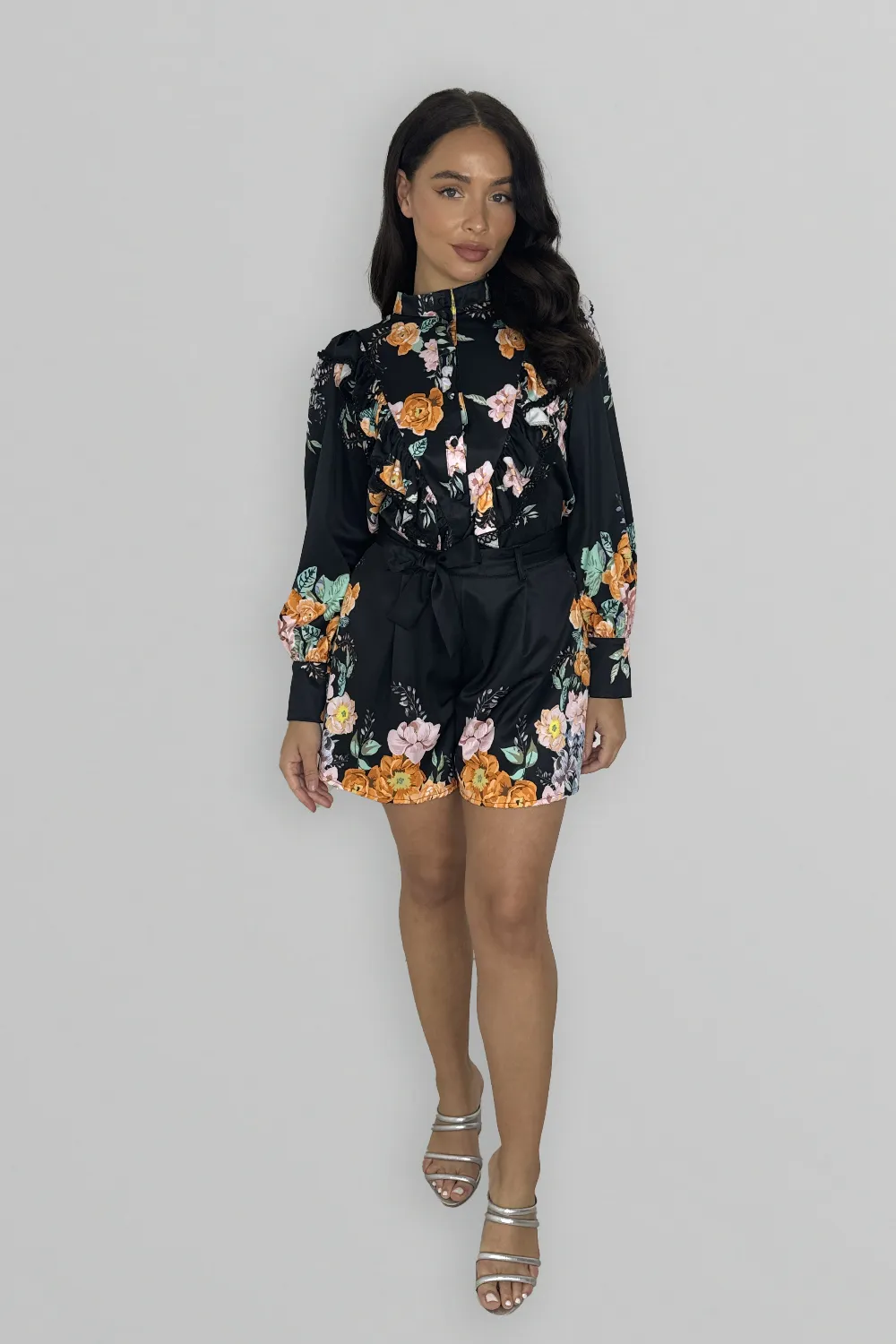 Floral Print Long Sleeve Blouse And Skater Shorts Co-ord Set