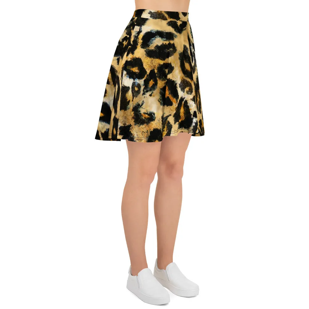 Leopard Print Women's Skater Skirt, Premium Animal Print High Waist Skirt- Made in USA/EU