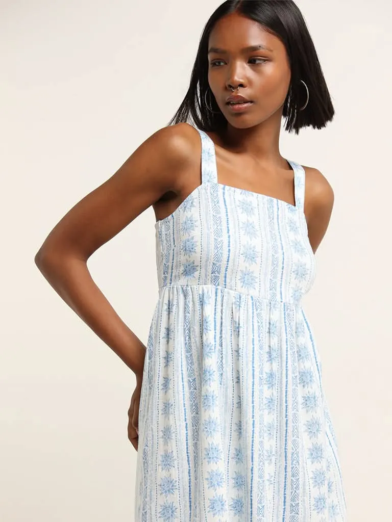 Nuon White & Blue Printed Blended Linen Skater Dress