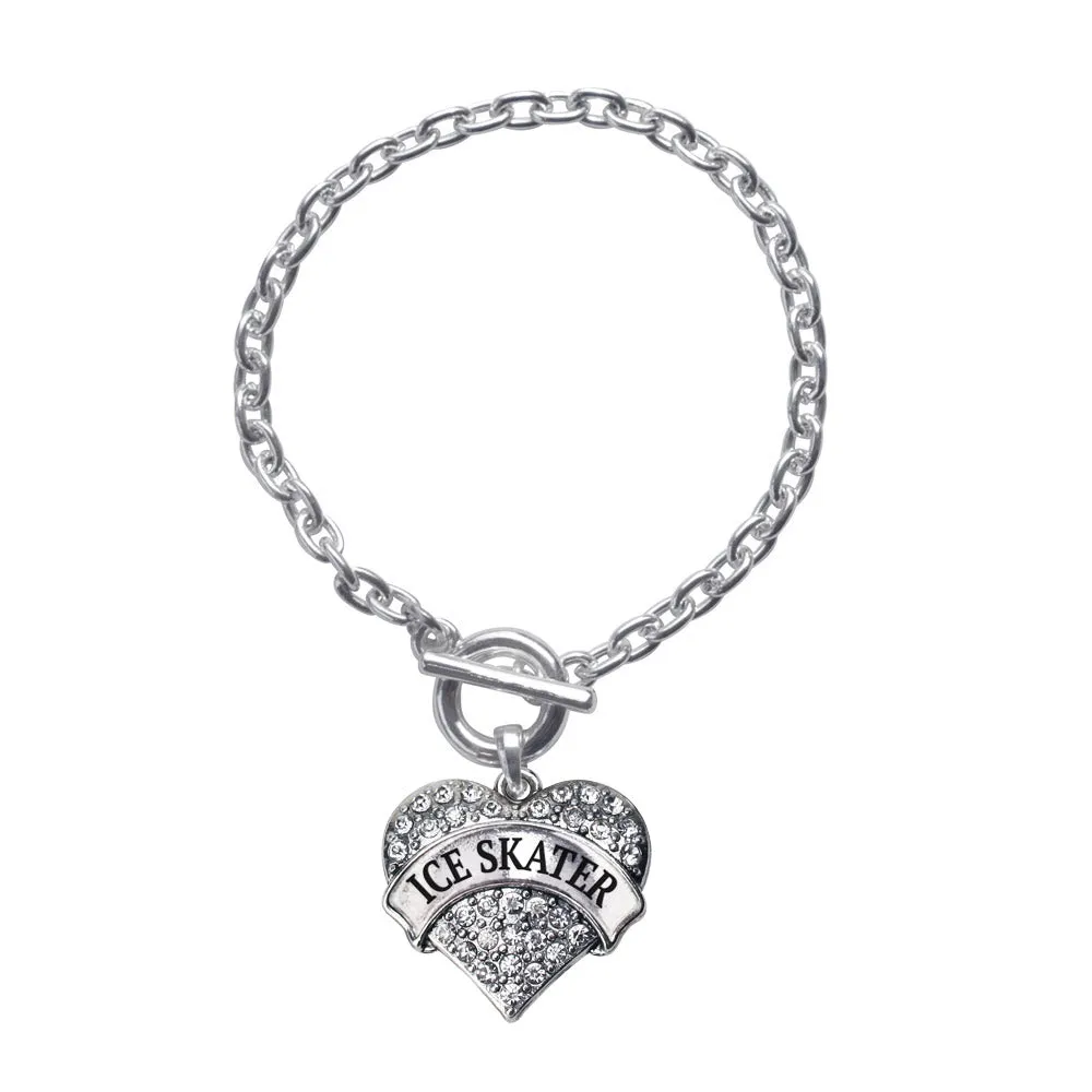 Silver Ice Skater Pave Heart Charm Toggle Bracelet
