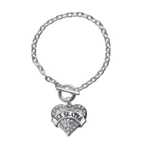 Silver Ice Skater Pave Heart Charm Toggle Bracelet