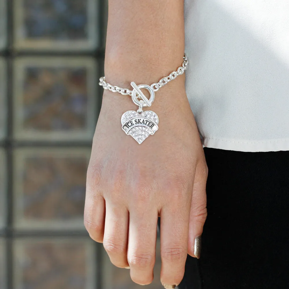 Silver Ice Skater Pave Heart Charm Toggle Bracelet