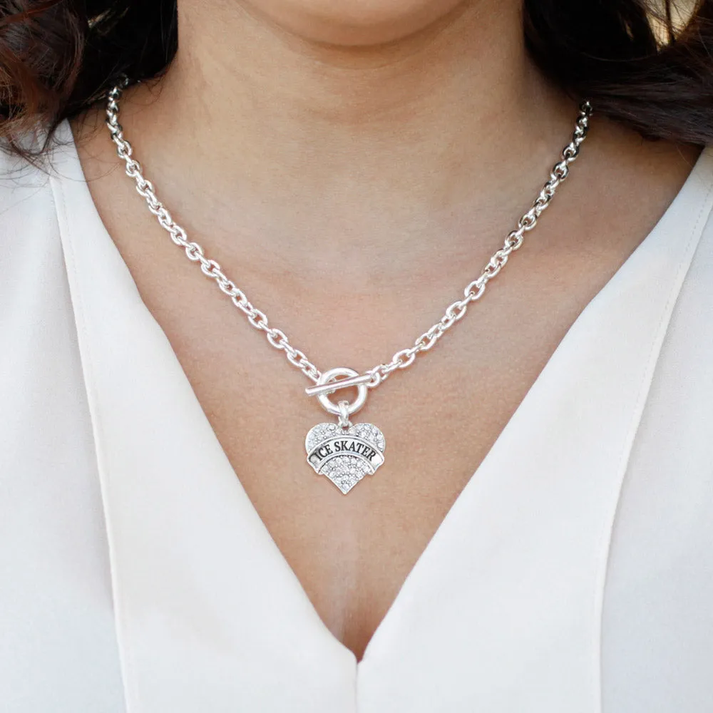 Silver Ice Skater Pave Heart Charm Toggle Necklace