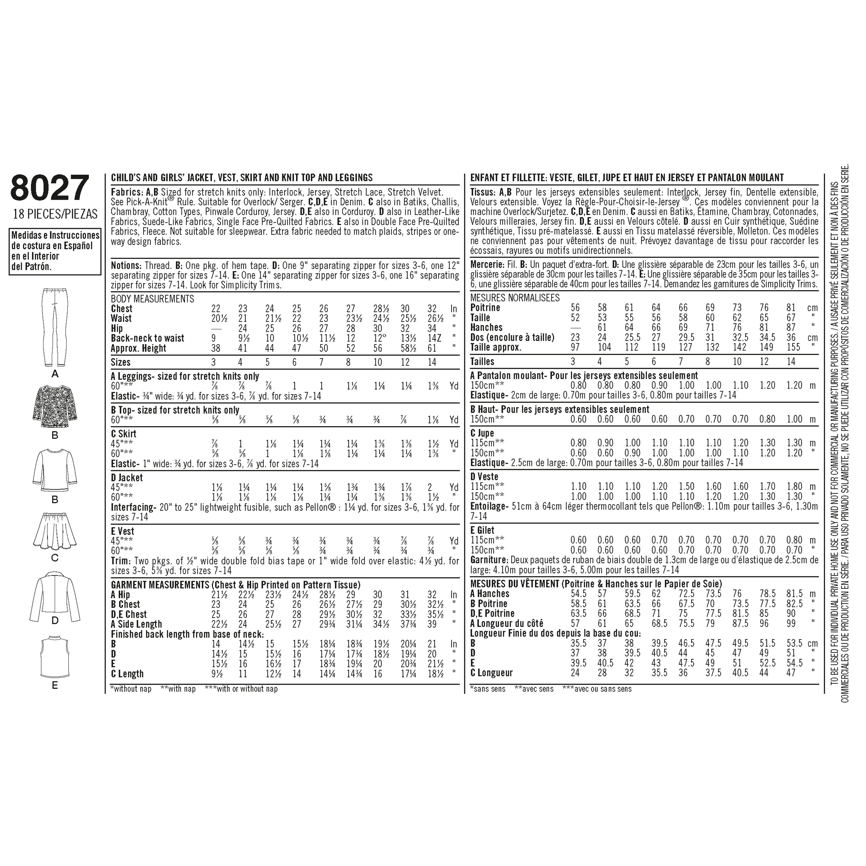 Simplicity Pattern 8027 Child's and Girls' Sportswear Pattern