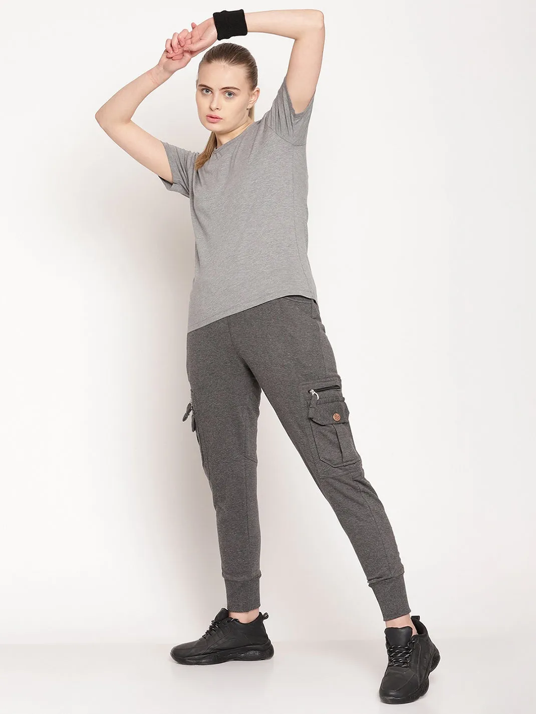 Women's Cotton Slim Fit Cargo Joggers Track Pants with 4 Zippered Pockets