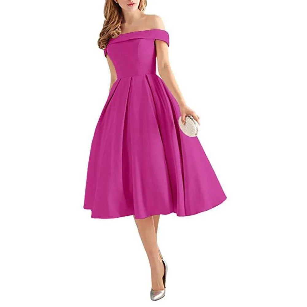 Women's Off Shoulder Satin A Line Short Homecoming Prom Dresses Whith Pocket