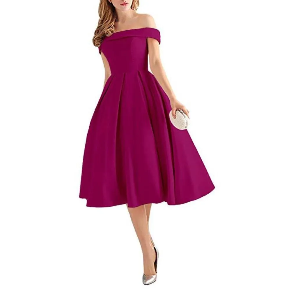 Women's Off Shoulder Satin A Line Short Homecoming Prom Dresses Whith Pocket