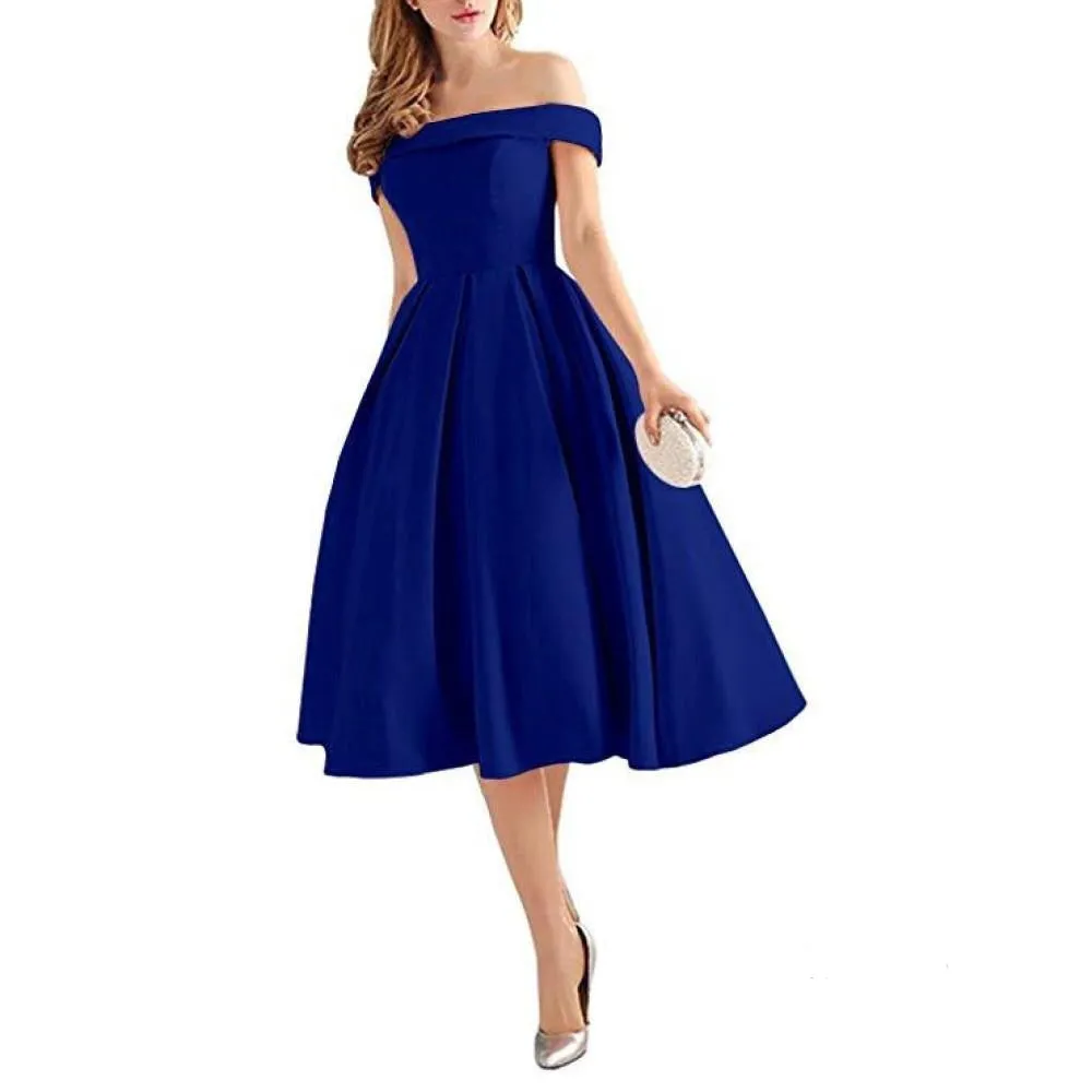 Women's Off Shoulder Satin A Line Short Homecoming Prom Dresses Whith Pocket
