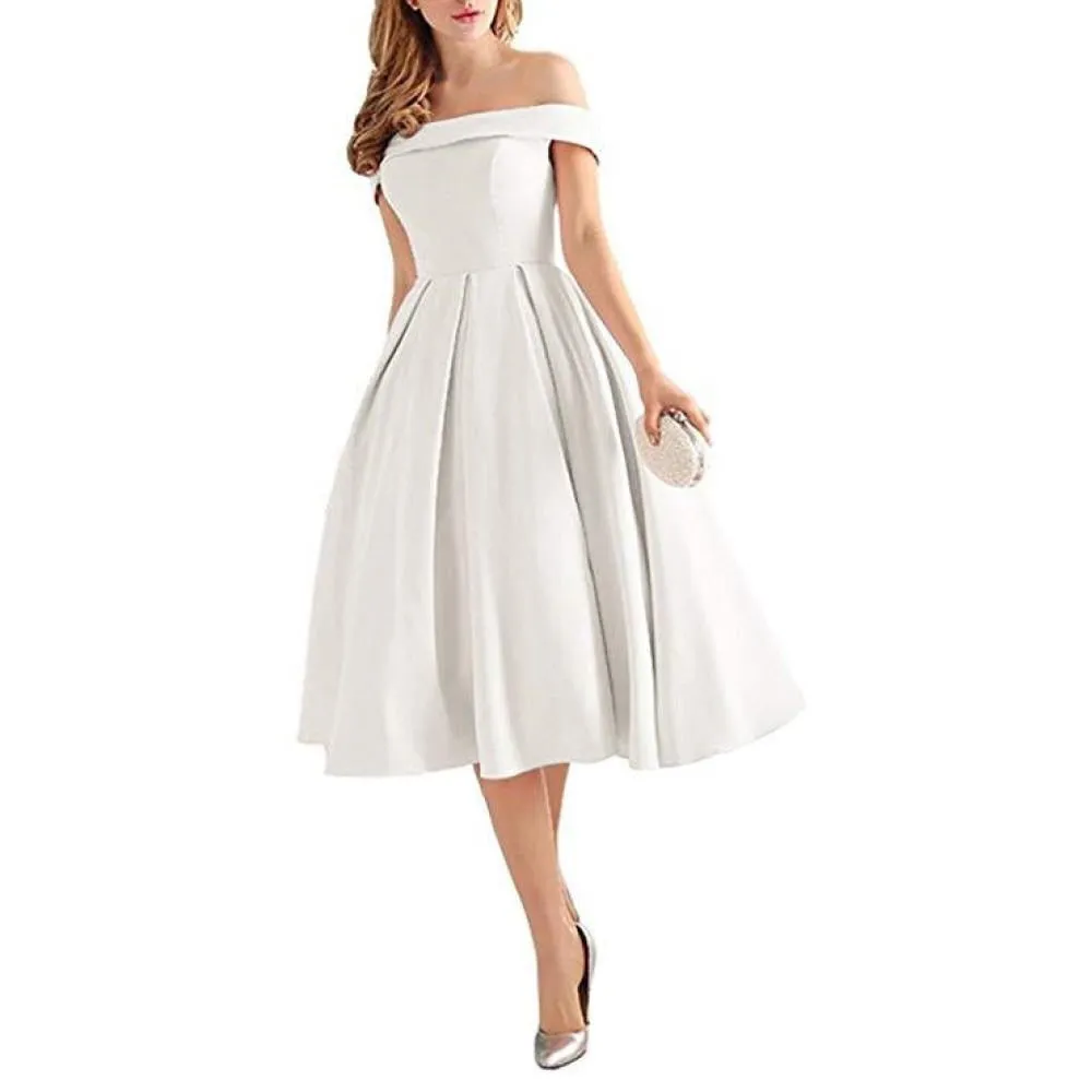 Women's Off Shoulder Satin A Line Short Homecoming Prom Dresses Whith Pocket