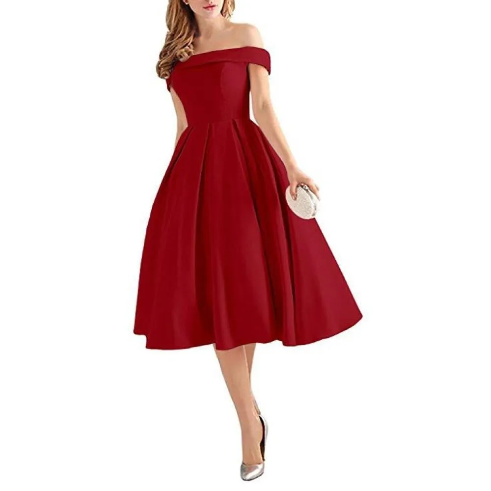 Women's Off Shoulder Satin A Line Short Homecoming Prom Dresses Whith Pocket