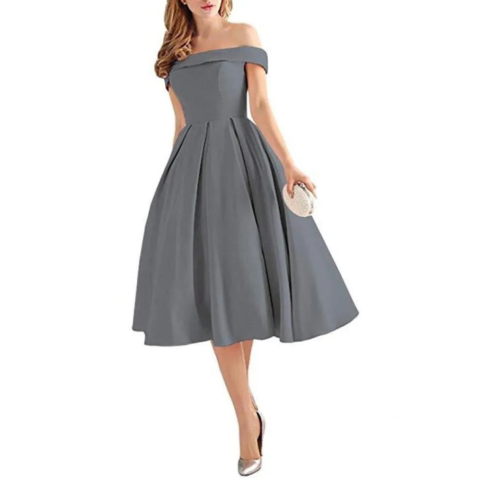 Women's Off Shoulder Satin A Line Short Homecoming Prom Dresses Whith Pocket