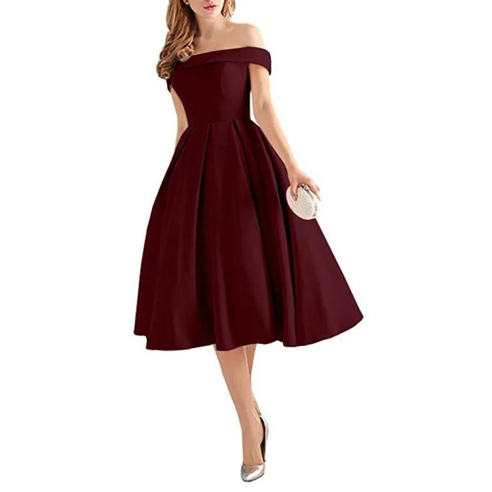 Women's Off Shoulder Satin A Line Short Homecoming Prom Dresses Whith Pocket