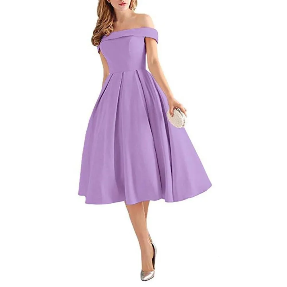 Women's Off Shoulder Satin A Line Short Homecoming Prom Dresses Whith Pocket